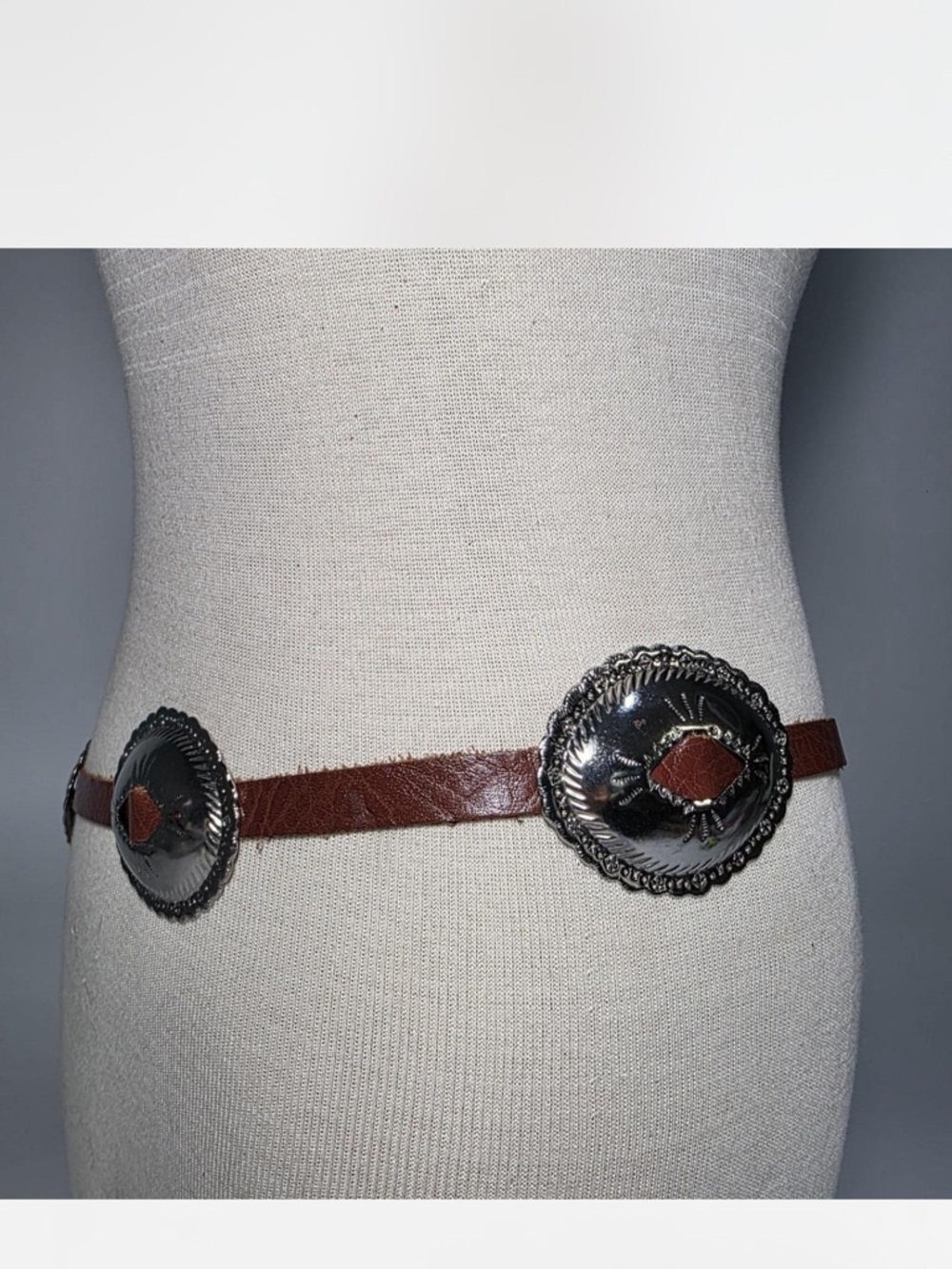 Western Concho Leather Belt - Brown with Silver Conchos - Picture 3 of 4